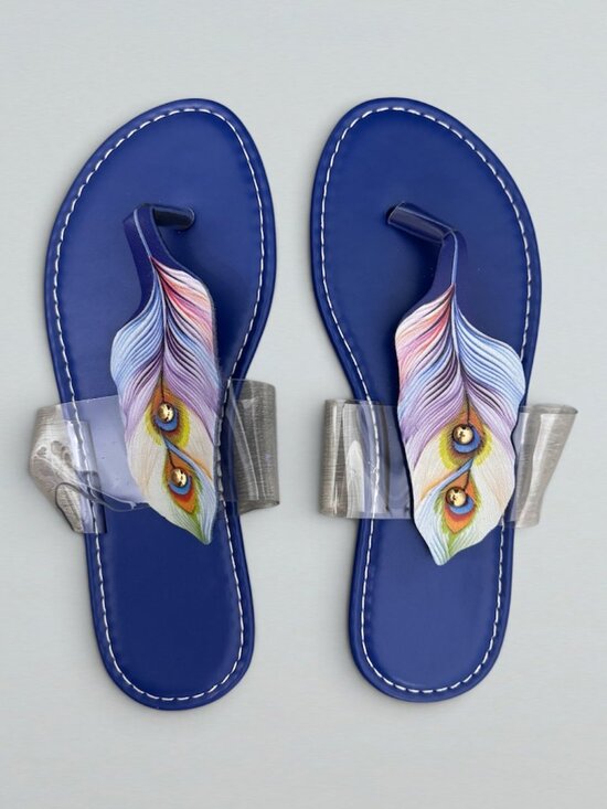 Shoes - Blue Peacock Feather Clear Strap Thong Flat Sandals Womens Size 38